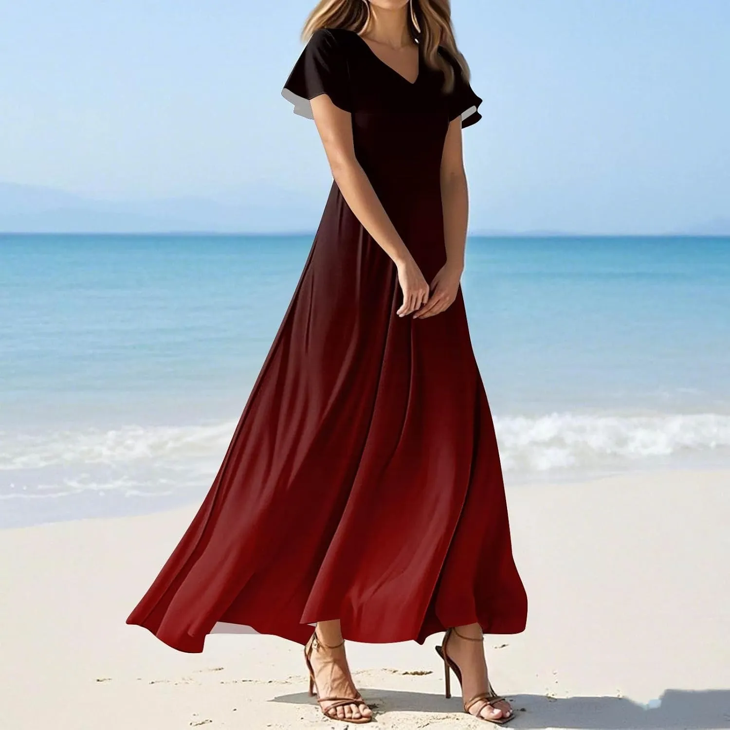 ADHOWBEW Midi Summer Dresses for Women Striped Printed Short Sleeve Maxi V Neck Dresses