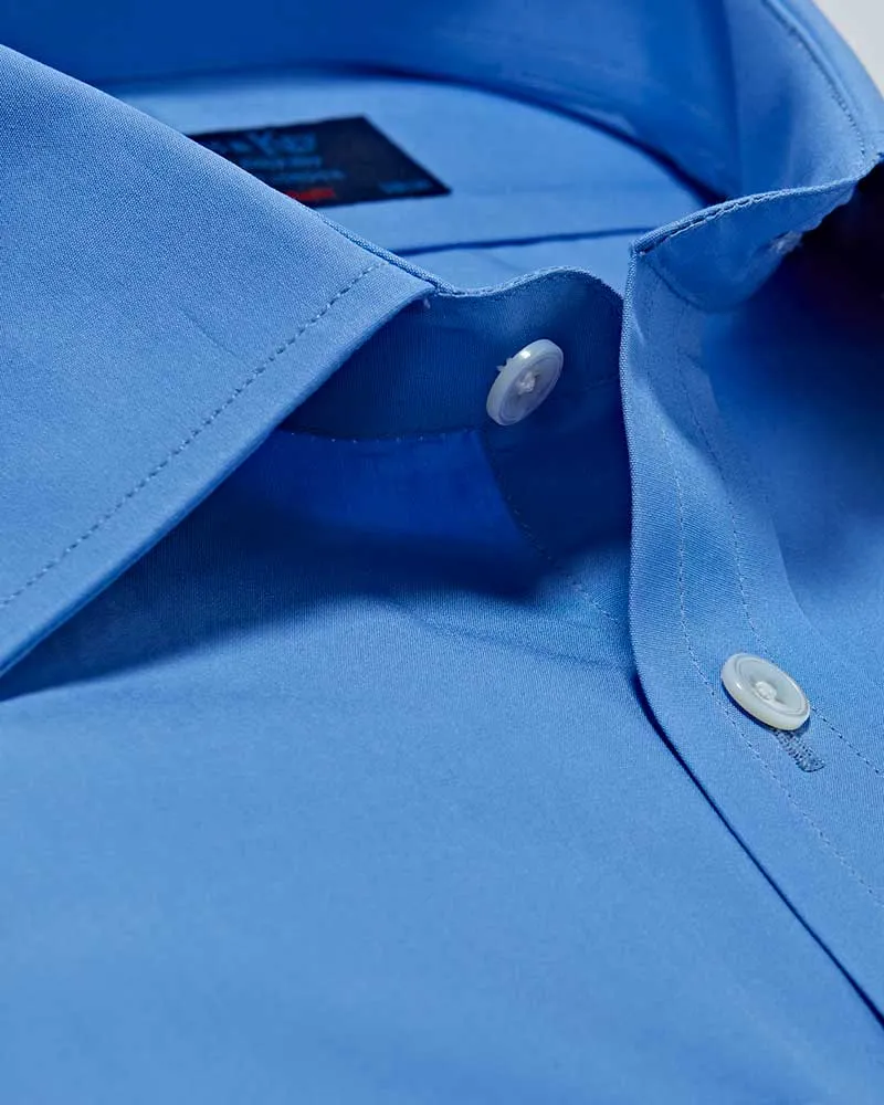 Contemporary Fit Plain Deep Blue Cotton Poplin Shirt with Classic Collar & Double Cuff