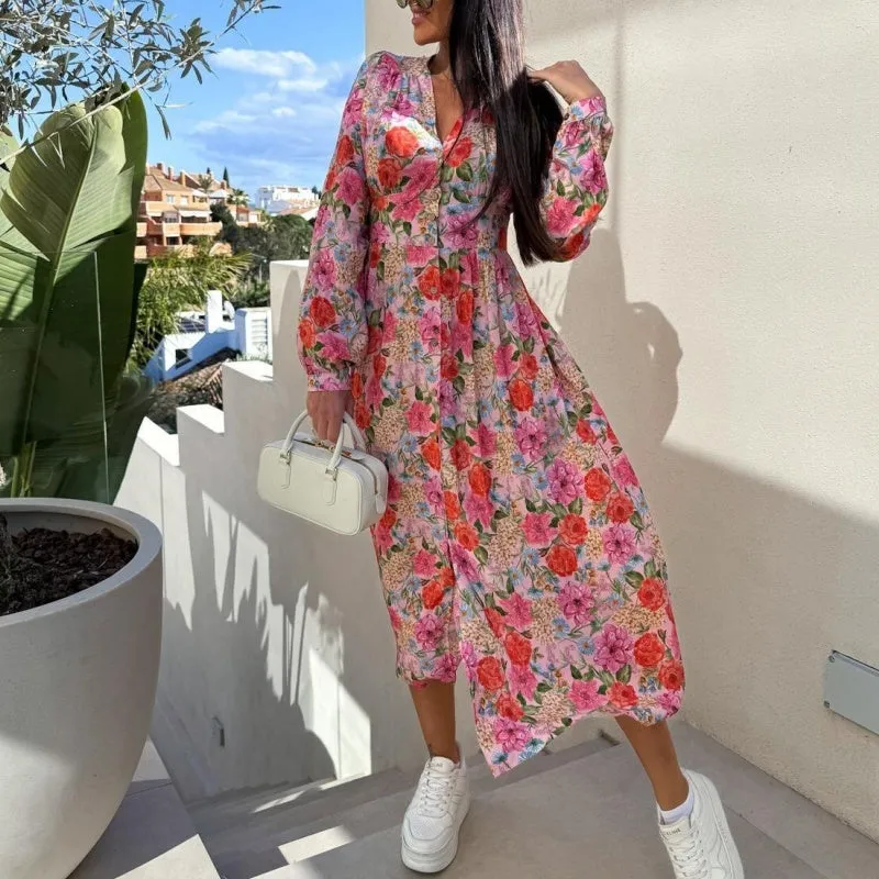 Fashion V-Neck Button Long Sleeve Floral Waist Dresses