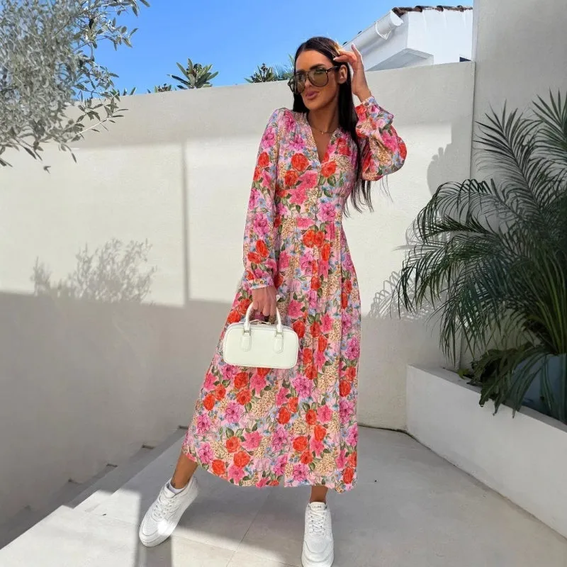 Fashion V-Neck Button Long Sleeve Floral Waist Dresses