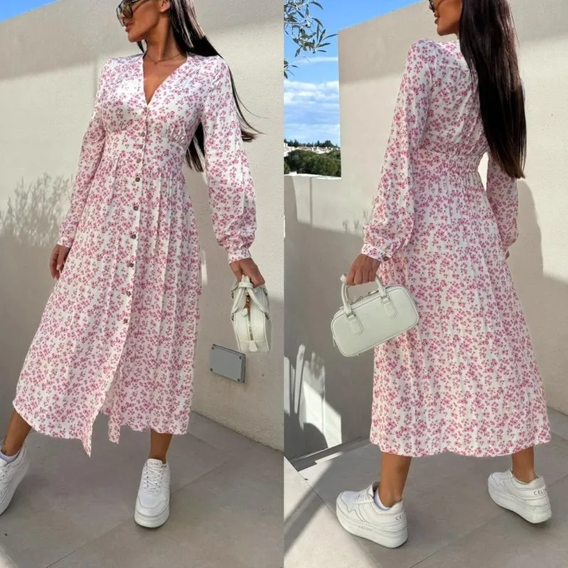 Fashion V-Neck Button Long Sleeve Floral Waist Dresses