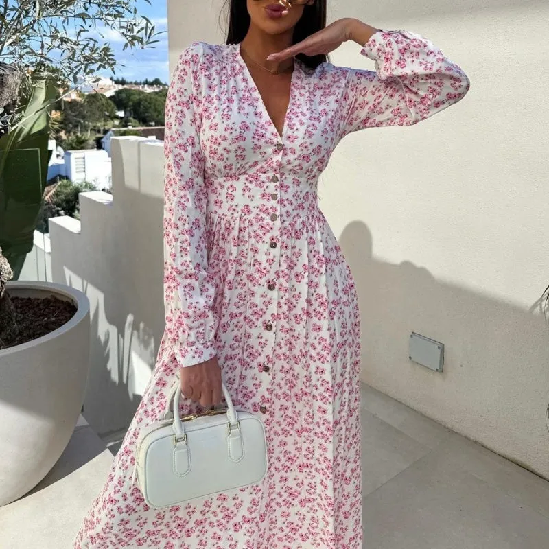 Fashion V-Neck Button Long Sleeve Floral Waist Dresses