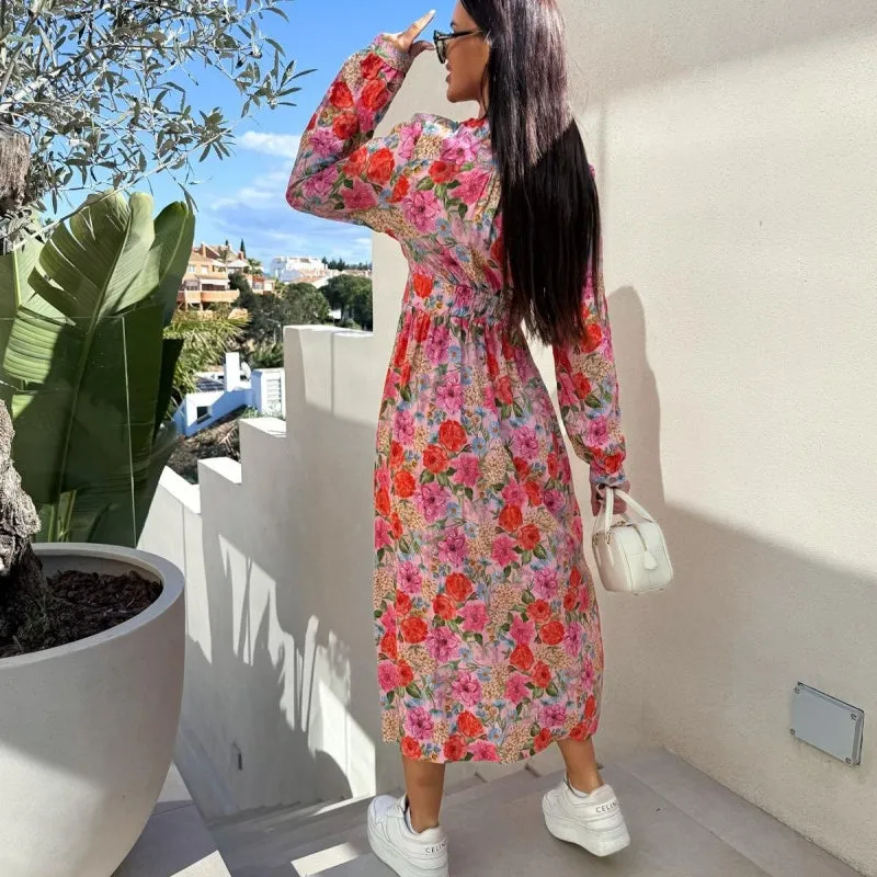 Fashion V-Neck Button Long Sleeve Floral Waist Dresses