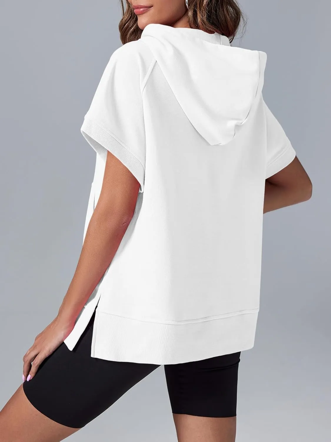 Fisoew Womens Oversized Half Zip Hoodies Short Sleeve Casual Sweatshirts Pullover Tops with Pockets