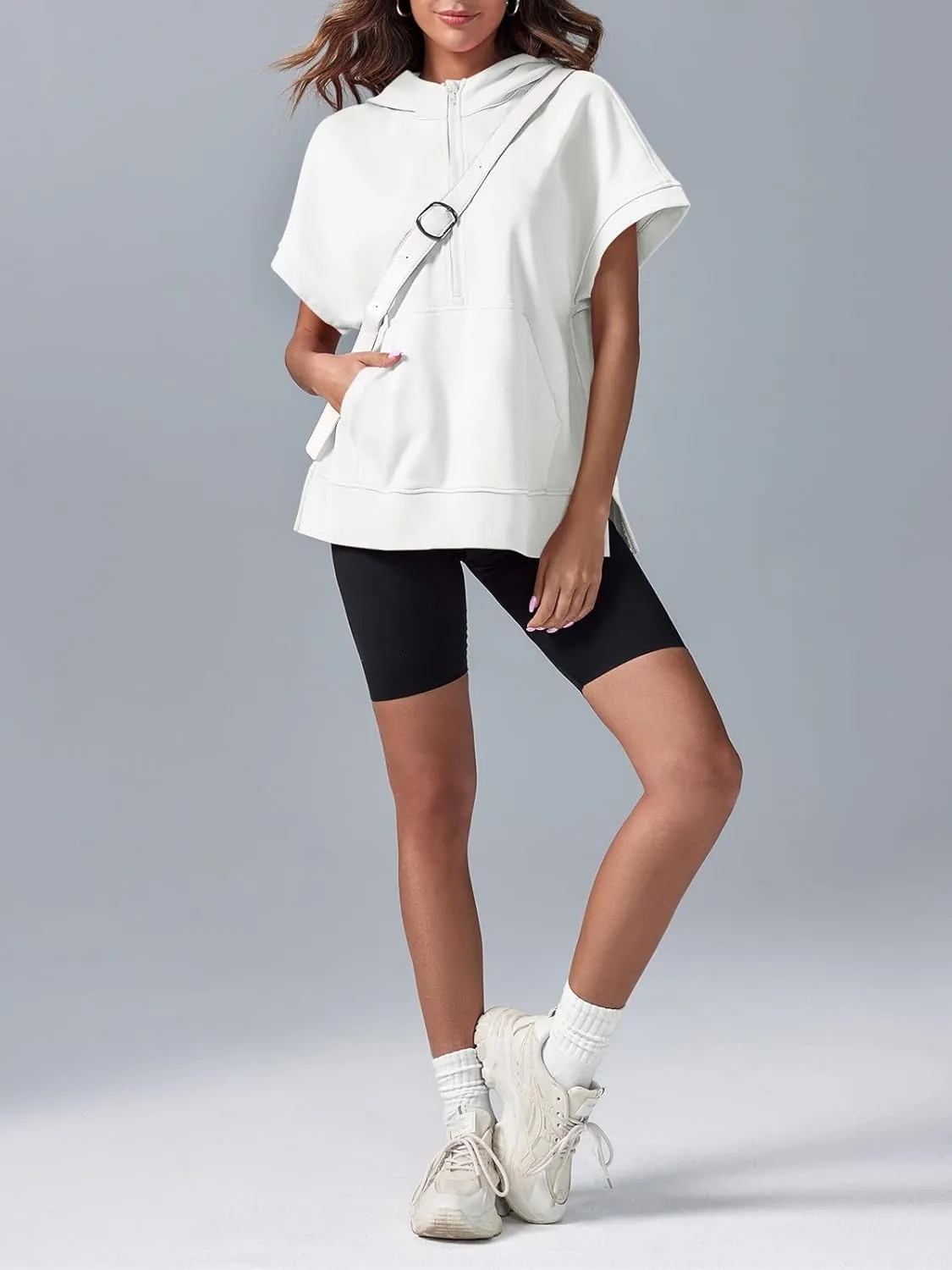 Fisoew Womens Oversized Half Zip Hoodies Short Sleeve Casual Sweatshirts Pullover Tops with Pockets