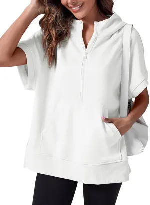 Fisoew Womens Oversized Half Zip Hoodies Short Sleeve Casual Sweatshirts Pullover Tops with Pockets