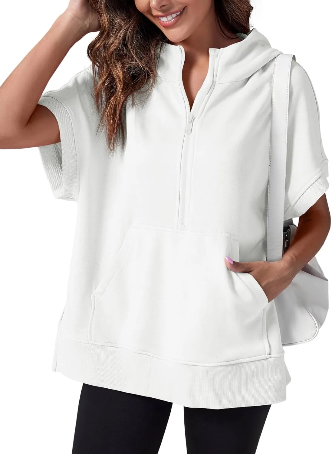 Fisoew Womens Oversized Half Zip Hoodies Short Sleeve Casual Sweatshirts Pullover Tops with Pockets