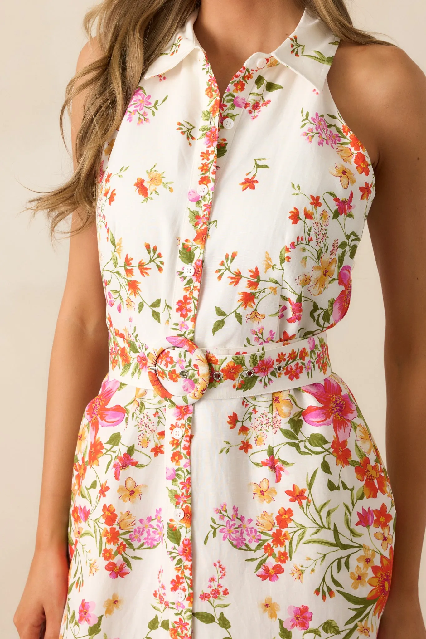 Garden Girl Ivory Floral Button Front Midi Dress
