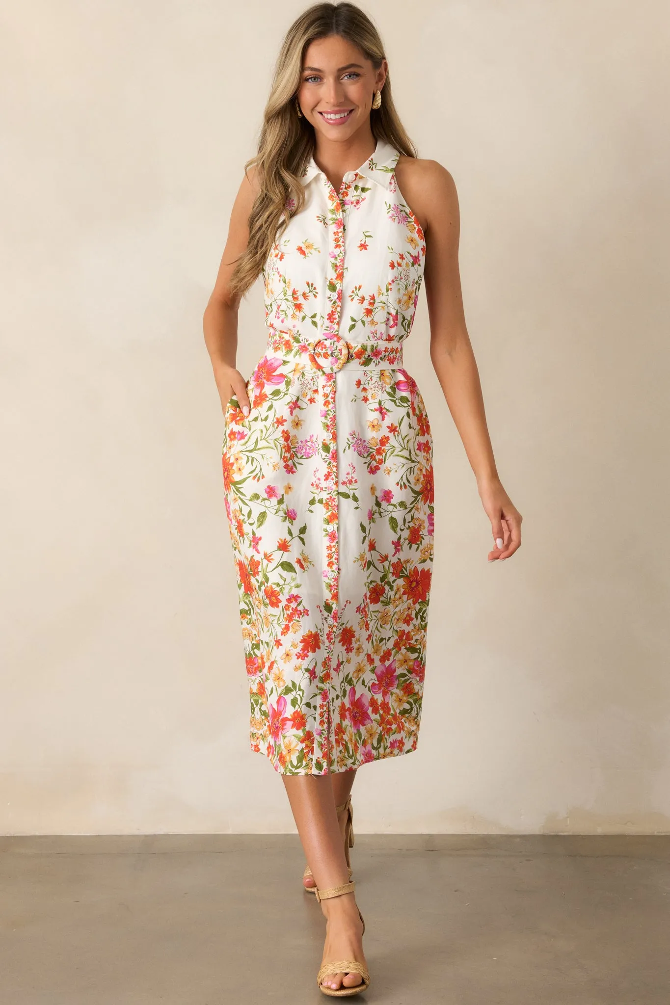 Garden Girl Ivory Floral Button Front Midi Dress