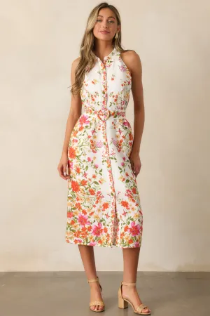 Garden Girl Ivory Floral Button Front Midi Dress