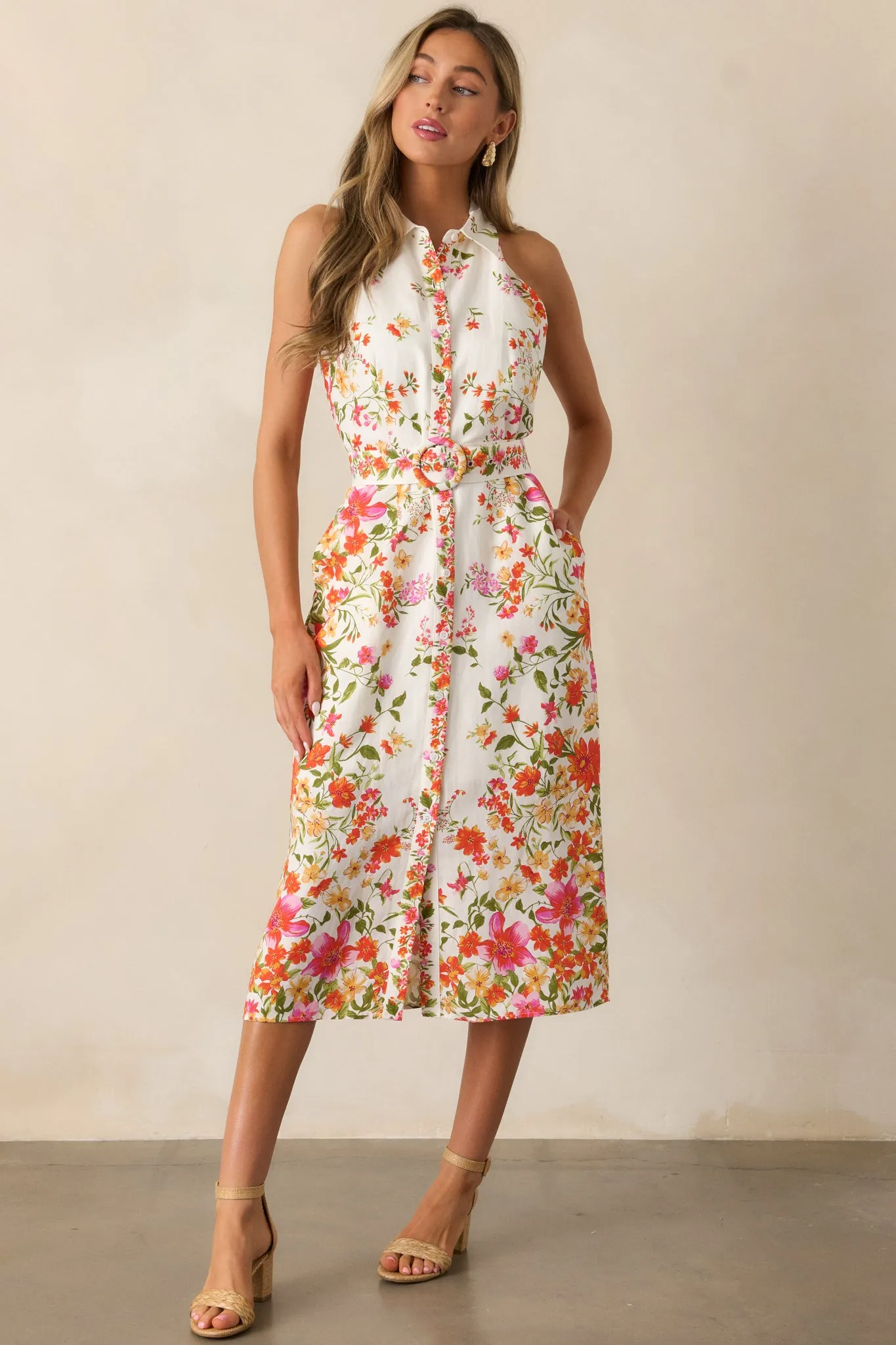 Garden Girl Ivory Floral Button Front Midi Dress