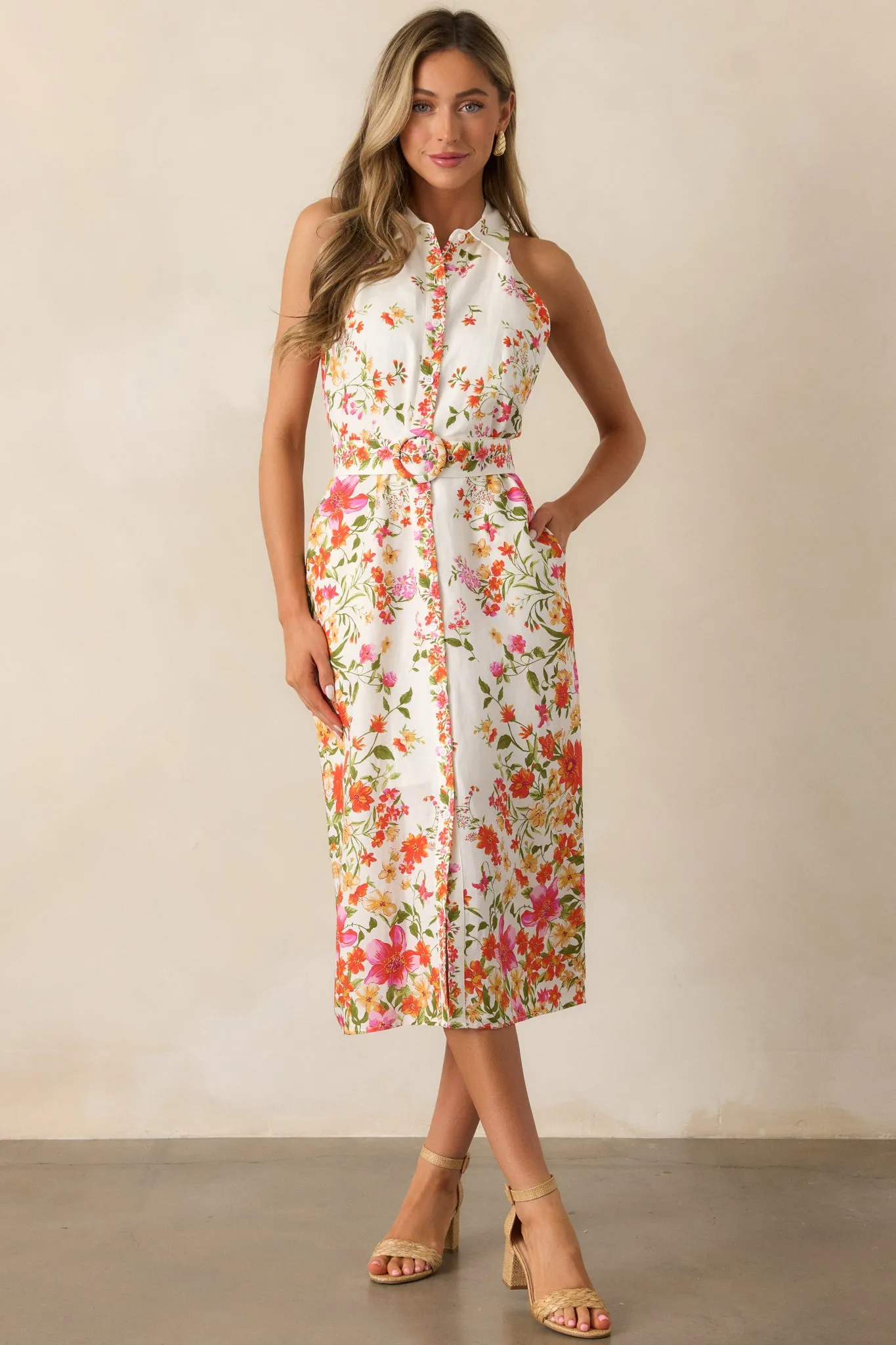 Garden Girl Ivory Floral Button Front Midi Dress