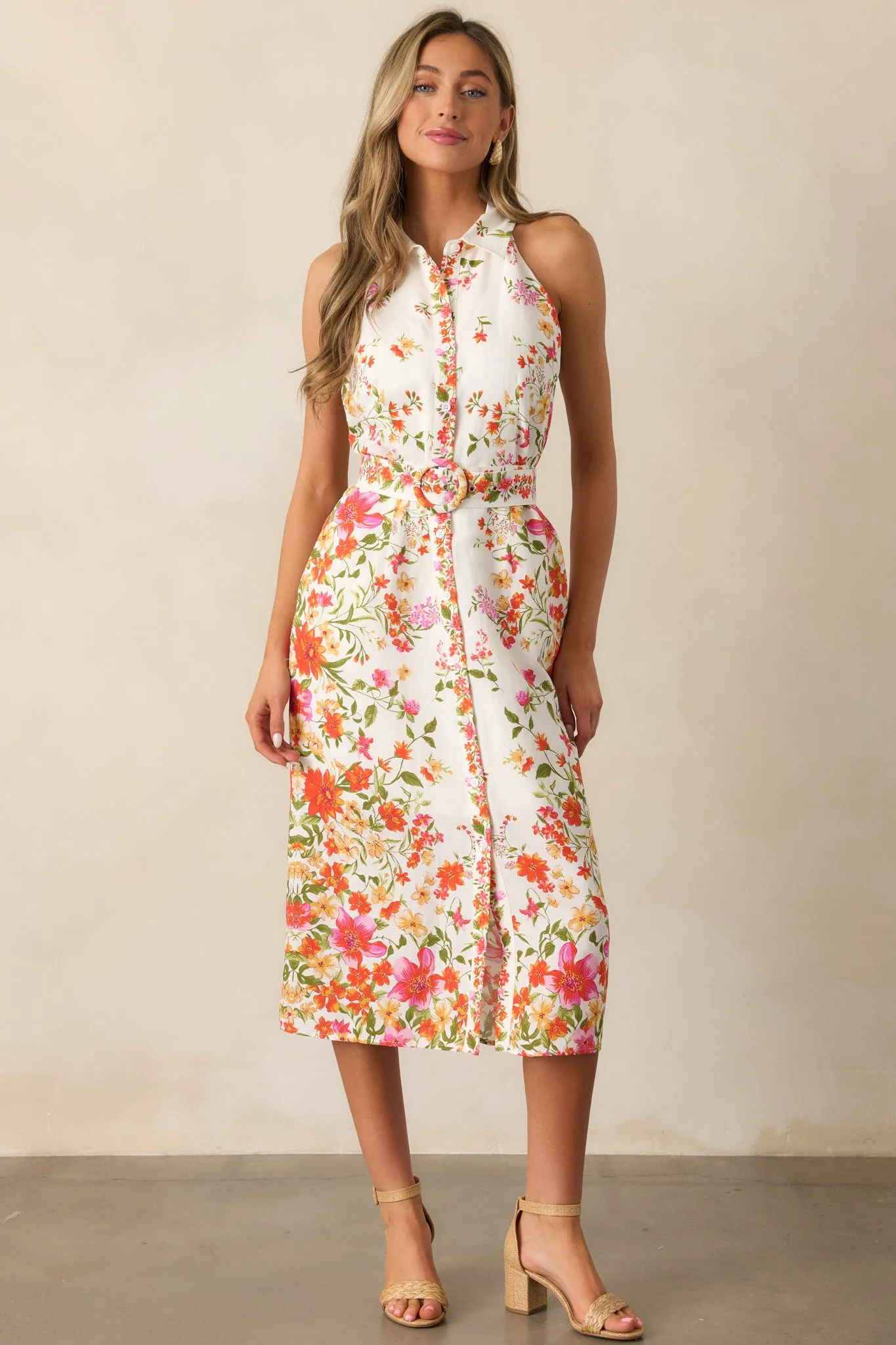 Garden Girl Ivory Floral Button Front Midi Dress