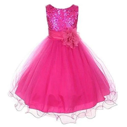 Girl's Sequin Double Mesh Flower Dress - Fuchsia