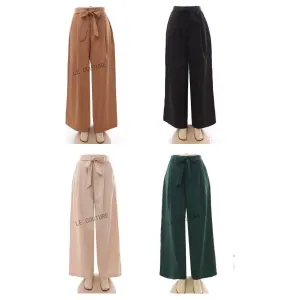 High Waist Plicated Detail Bow Front Wide Leg Pants