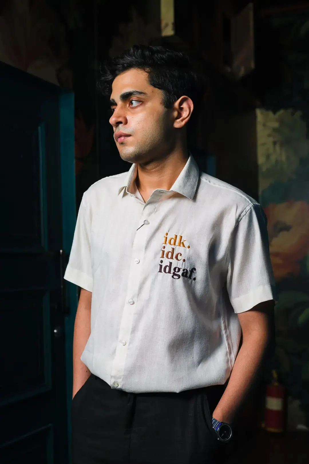 IDC, IDK, IDGAF Embroidered Linen Shirt