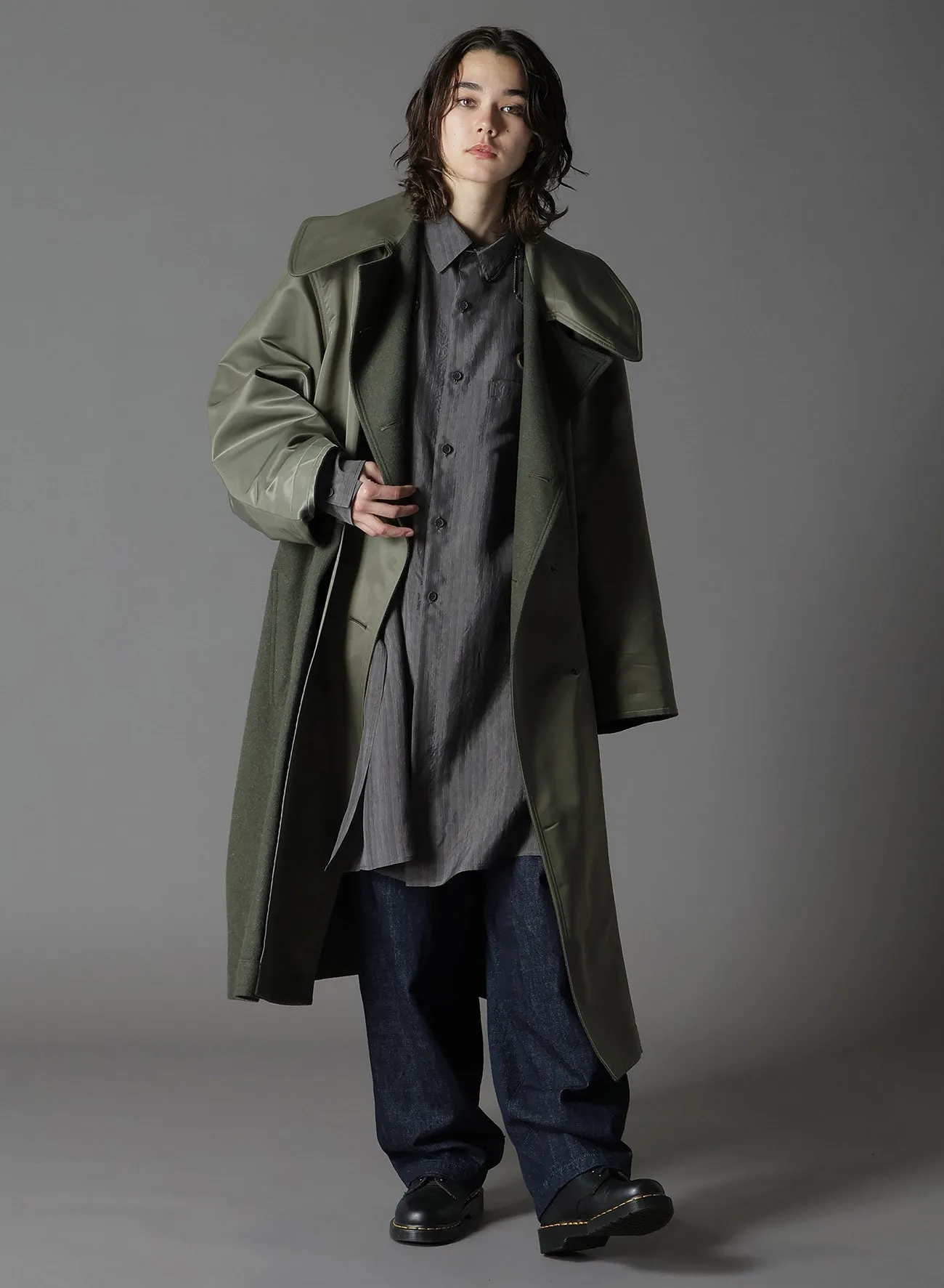 INK DYED STRIPE CUPRO RAYON COLLAR ZIPPER SHIRT