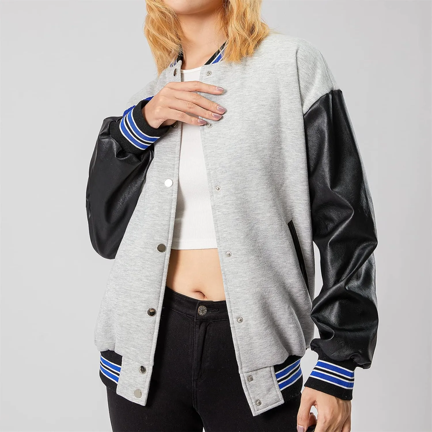 iTranyee Women's Vintage Varsity Jackets Retro Baseball Bomber Jackets Y2k Button Down Long Sleeve Oversized Coat Streetwear