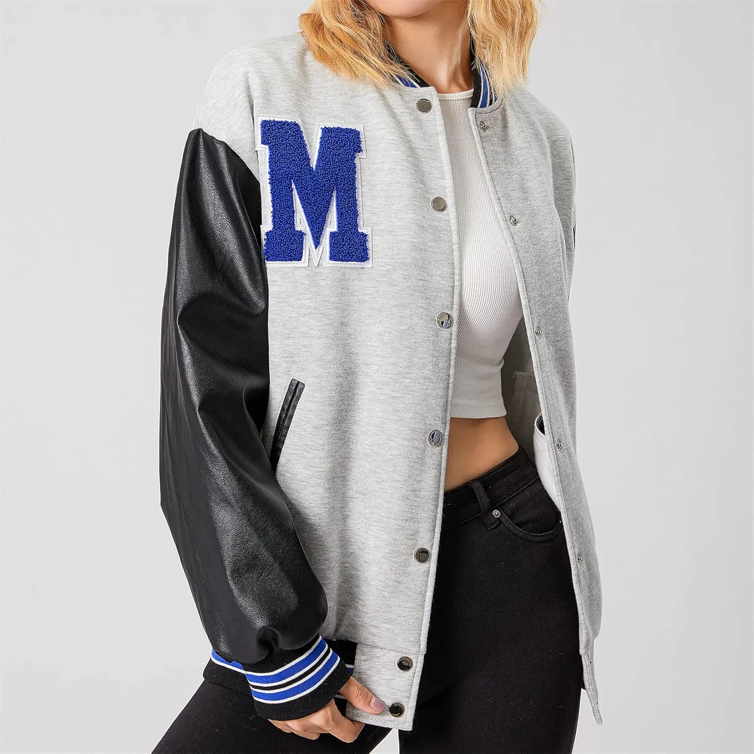 iTranyee Women's Vintage Varsity Jackets Retro Baseball Bomber Jackets Y2k Button Down Long Sleeve Oversized Coat Streetwear
