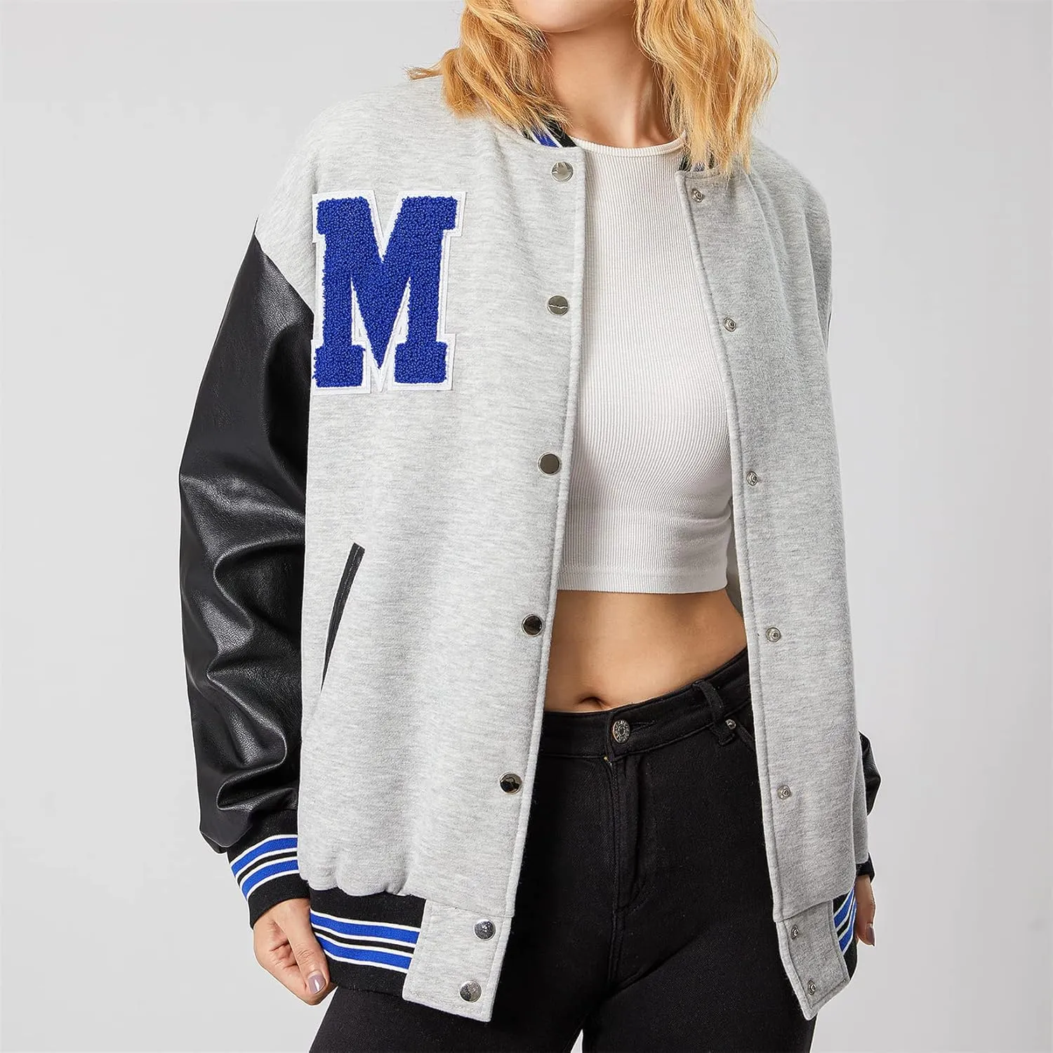 iTranyee Women's Vintage Varsity Jackets Retro Baseball Bomber Jackets Y2k Button Down Long Sleeve Oversized Coat Streetwear