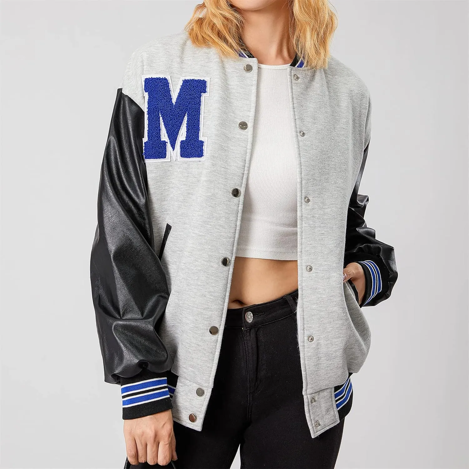 iTranyee Women's Vintage Varsity Jackets Retro Baseball Bomber Jackets Y2k Button Down Long Sleeve Oversized Coat Streetwear