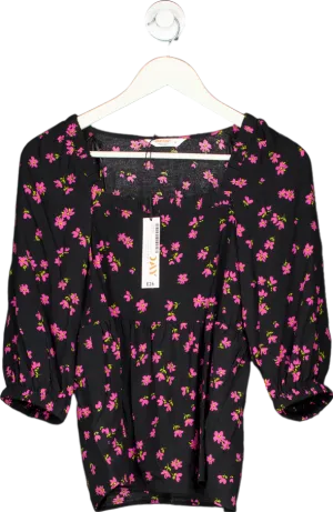 John Lewis Black Floral Smock Neck Blouse UK 6