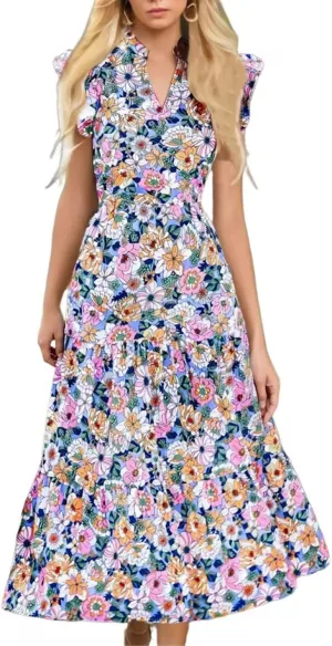 Long Flowy Dresses for Women Fashion Floral Printed Summer Beach Vacation Maxi Dress Casual V Neck Pleated Sundress