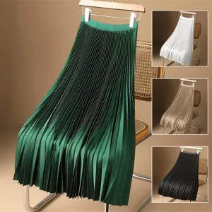 LVSANW Women Vintage Midi Skirt Wide Elastic Waistband High Waist Pleated A-Line Skirt Solid Color Smooth Satin Long Skirt