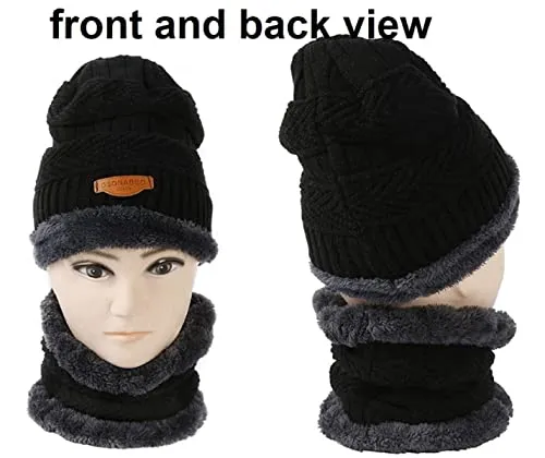 Mahi Fab clipper Woolen Beanie/Skull Cap & Neck Warmer (Muffler) Combo for Winters with Faux Fur Inner Side |Warm Hat| Hedging Hat Scarf Set | Winter Cap | Air Proof Cap | Woolen Cap | Ear Warmer