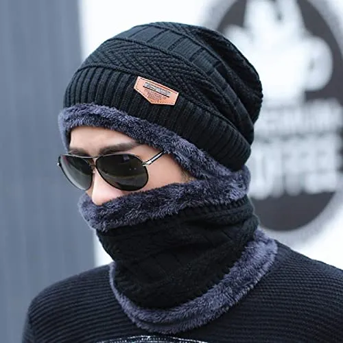 Mahi Fab clipper Woolen Beanie/Skull Cap & Neck Warmer (Muffler) Combo for Winters with Faux Fur Inner Side |Warm Hat| Hedging Hat Scarf Set | Winter Cap | Air Proof Cap | Woolen Cap | Ear Warmer