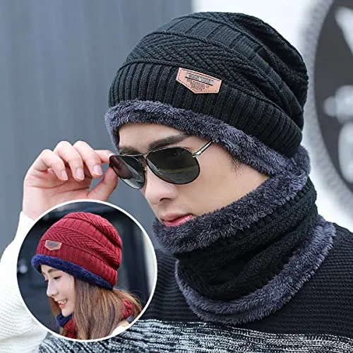 Mahi Fab clipper Woolen Beanie/Skull Cap & Neck Warmer (Muffler) Combo for Winters with Faux Fur Inner Side |Warm Hat| Hedging Hat Scarf Set | Winter Cap | Air Proof Cap | Woolen Cap | Ear Warmer