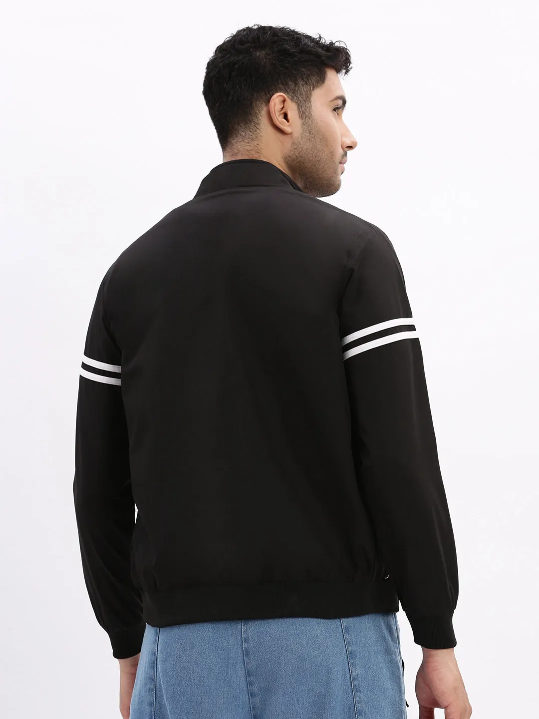 Men Mock Collar Black Bomber Jacket