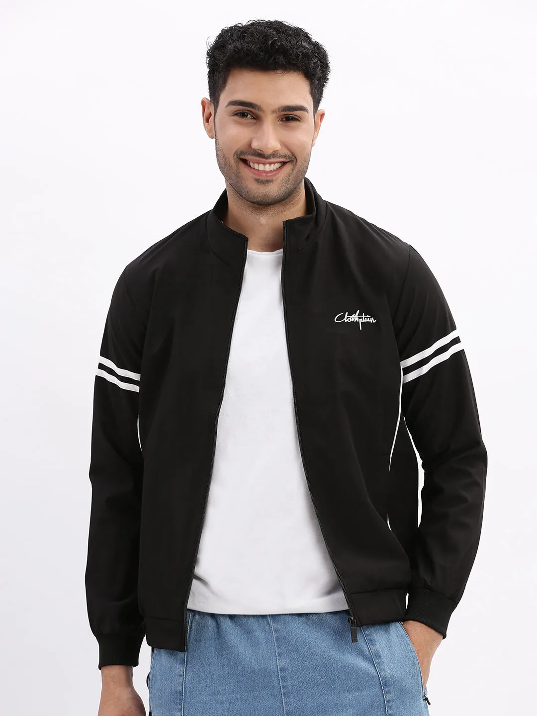 Men Mock Collar Black Bomber Jacket