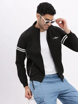 Men Mock Collar Black Bomber Jacket