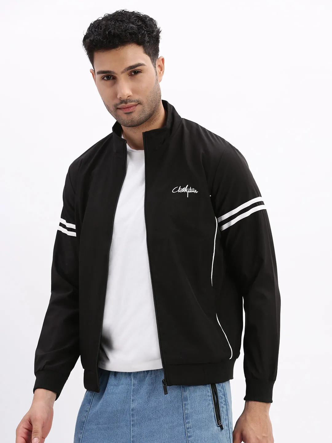 Men Mock Collar Black Bomber Jacket
