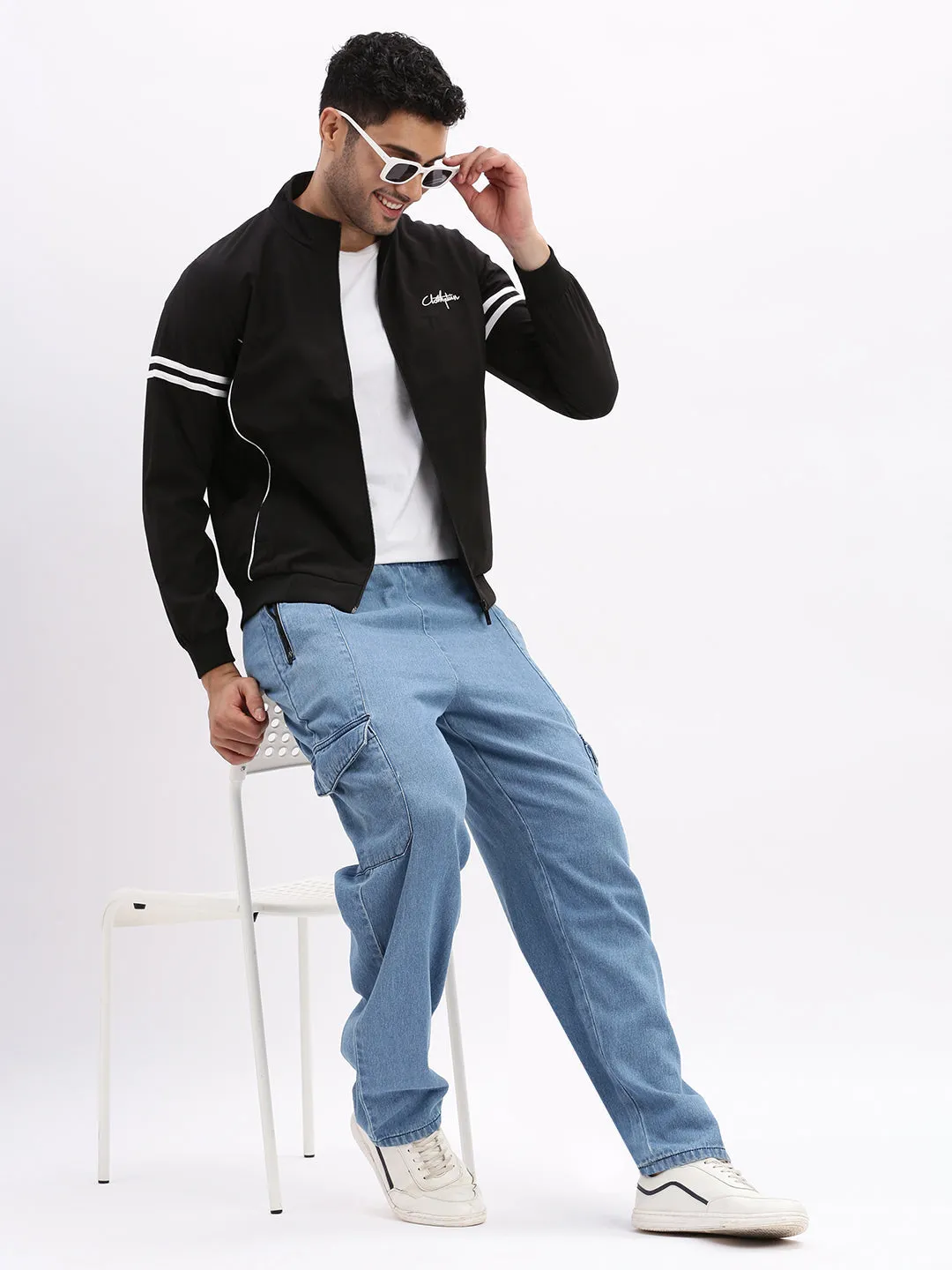 Men Mock Collar Black Bomber Jacket