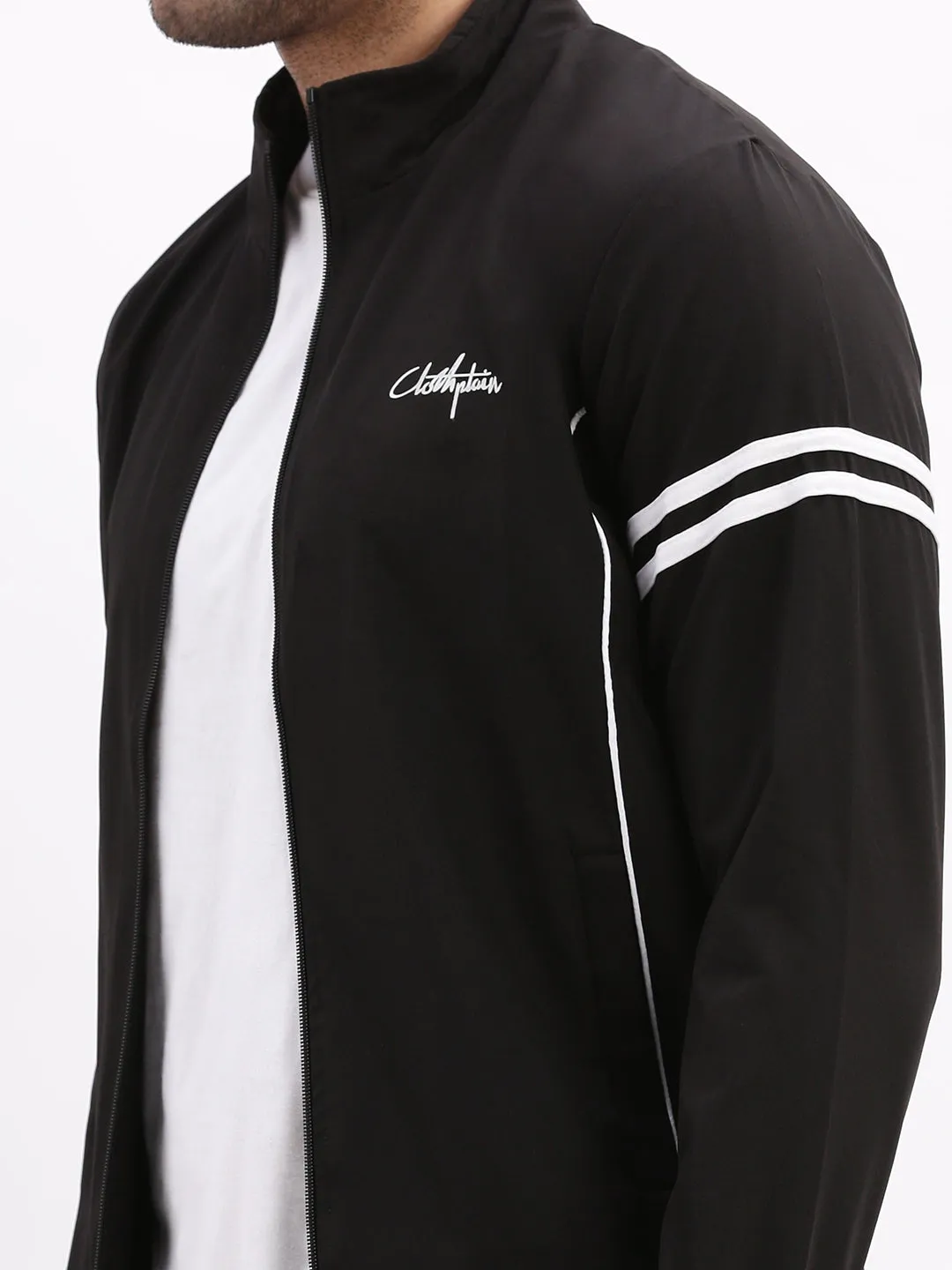 Men Mock Collar Black Bomber Jacket