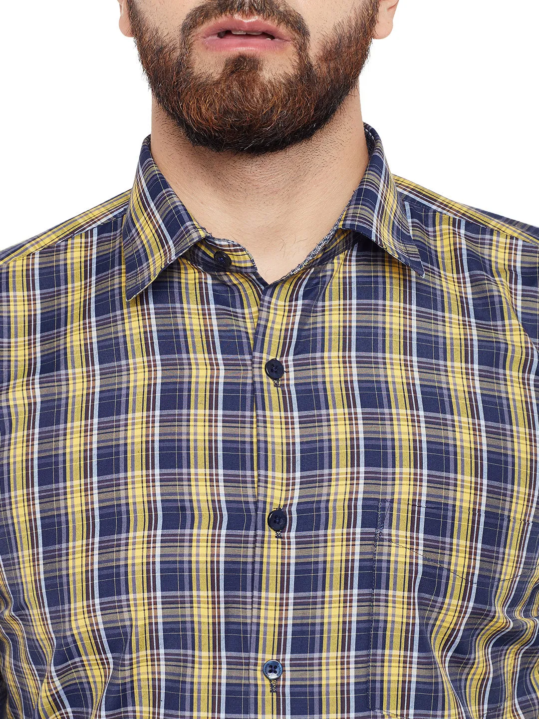Men Yellow Checked Slim Fit Formal Shirt