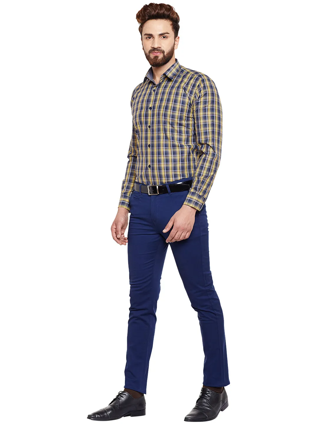 Men Yellow Checked Slim Fit Formal Shirt
