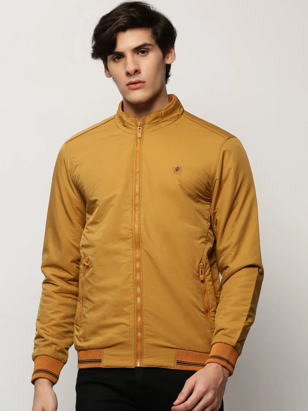 Men Yellow Mock Collar Casual Bomber Jacket