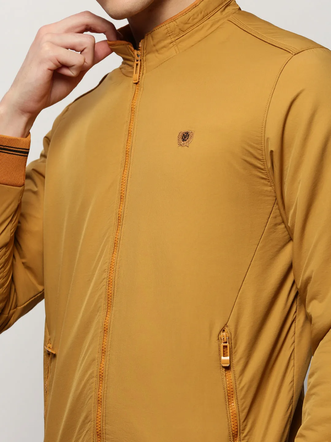 Men Yellow Mock Collar Casual Bomber Jacket