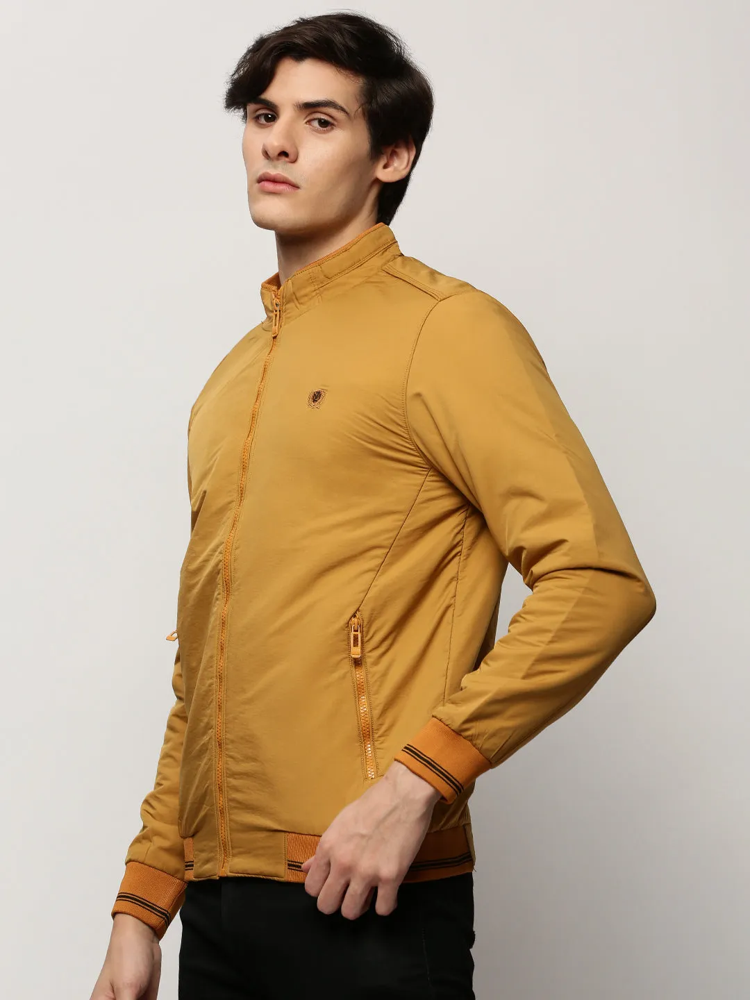 Men Yellow Mock Collar Casual Bomber Jacket