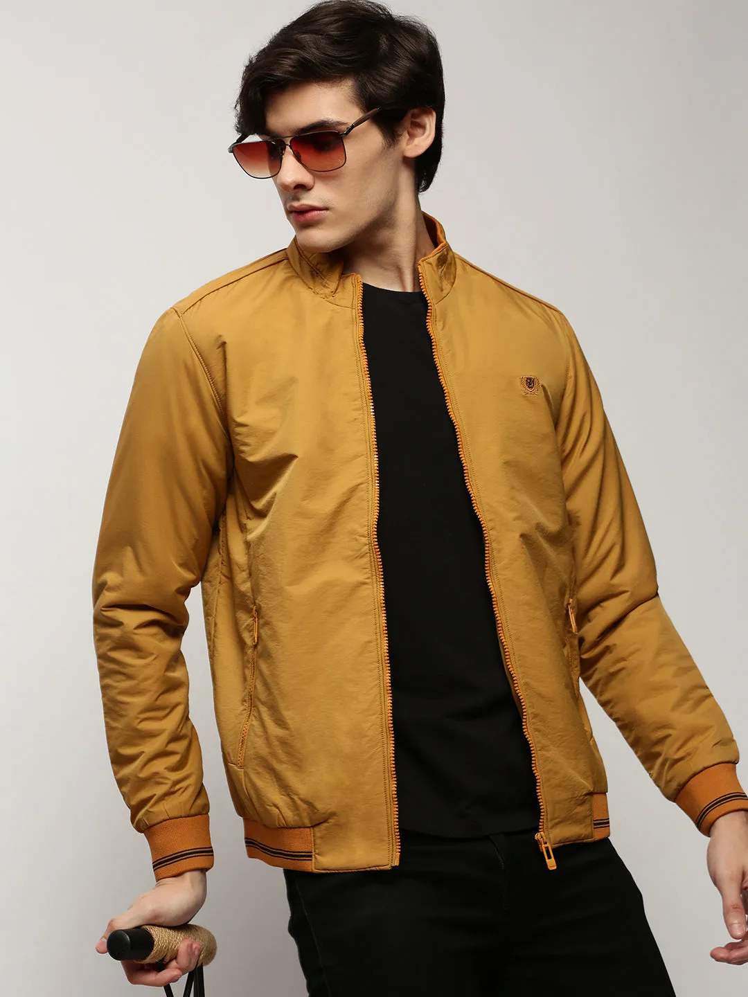 Men Yellow Mock Collar Casual Bomber Jacket