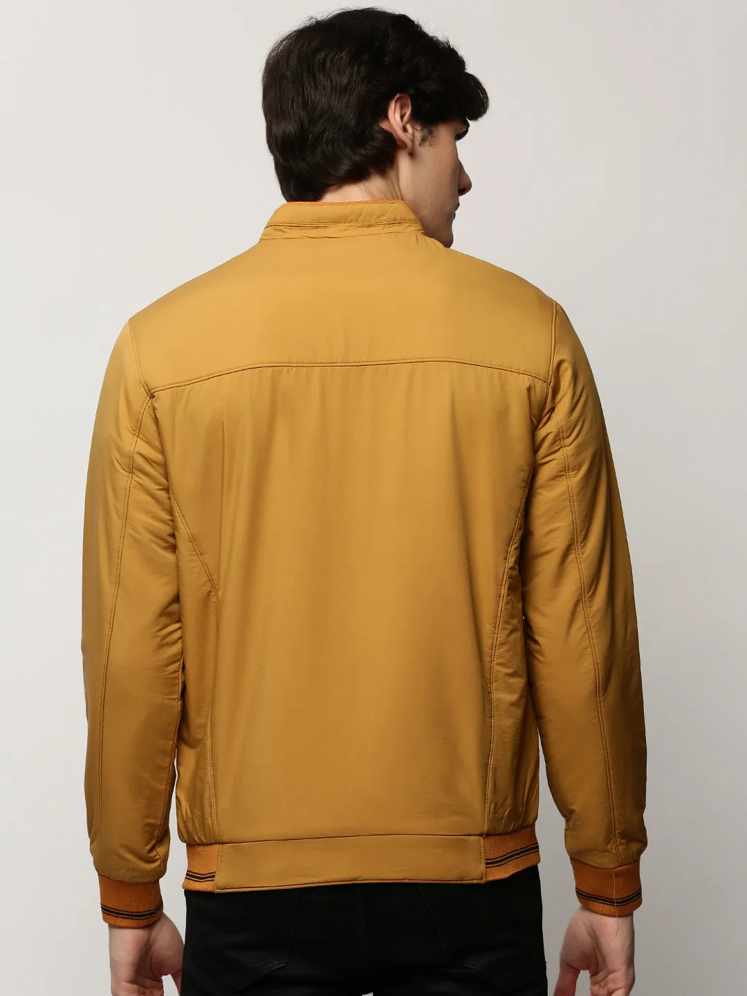 Men Yellow Mock Collar Casual Bomber Jacket