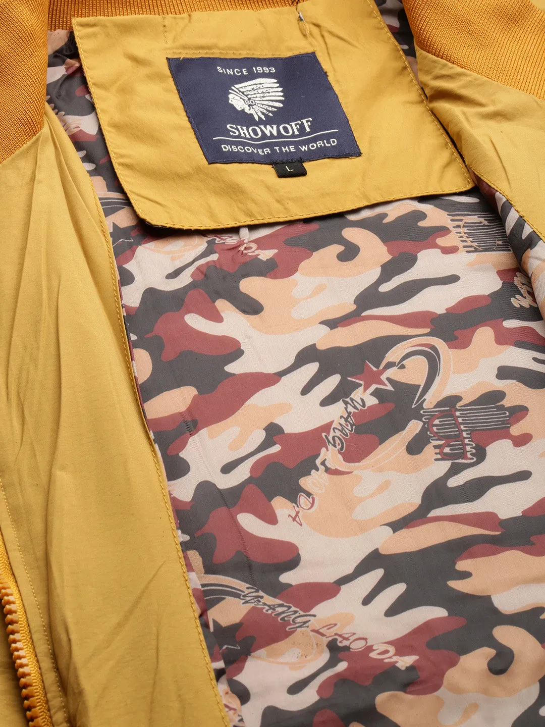 Men Yellow Mock Collar Casual Bomber Jacket