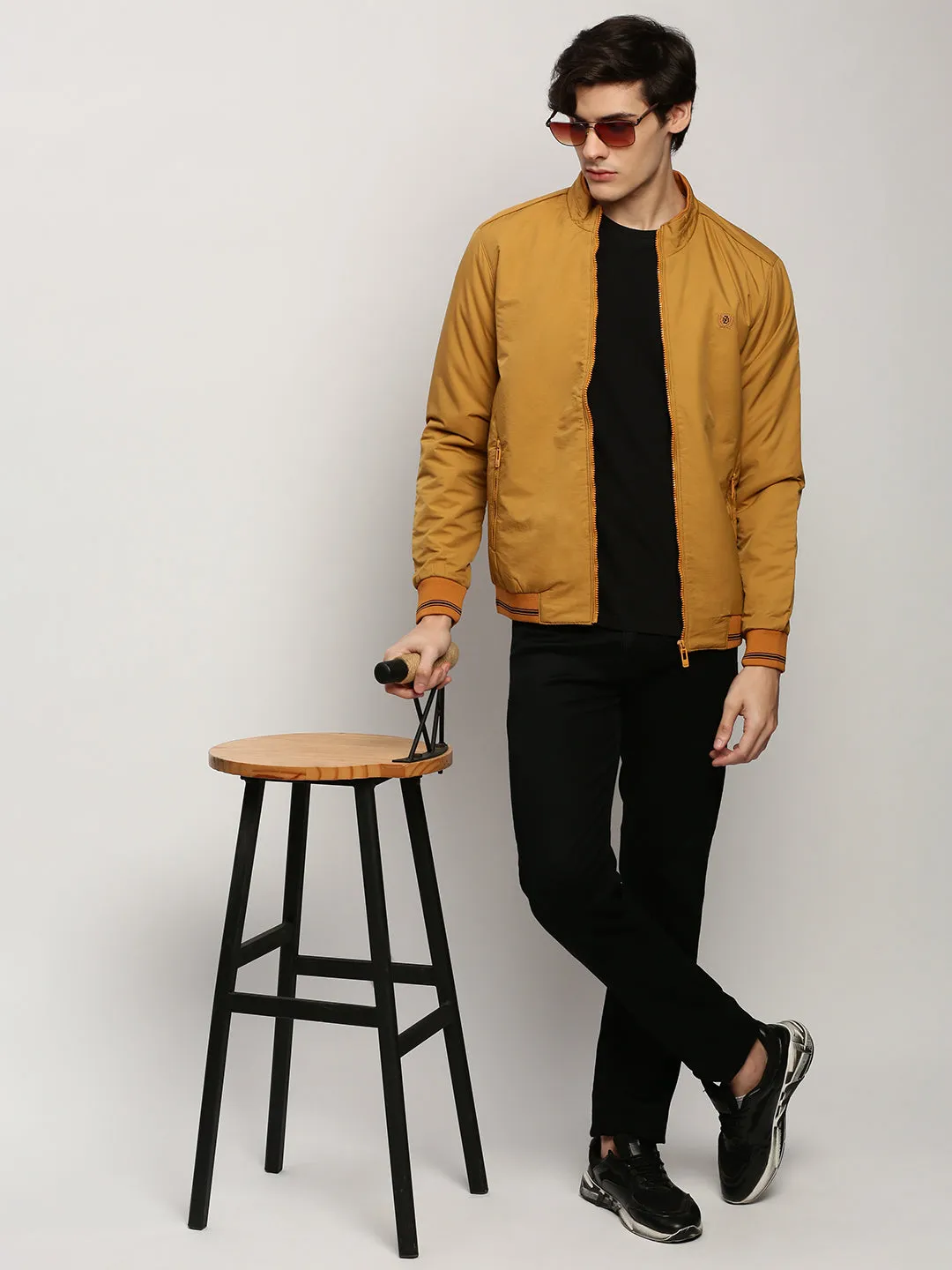 Men Yellow Mock Collar Casual Bomber Jacket