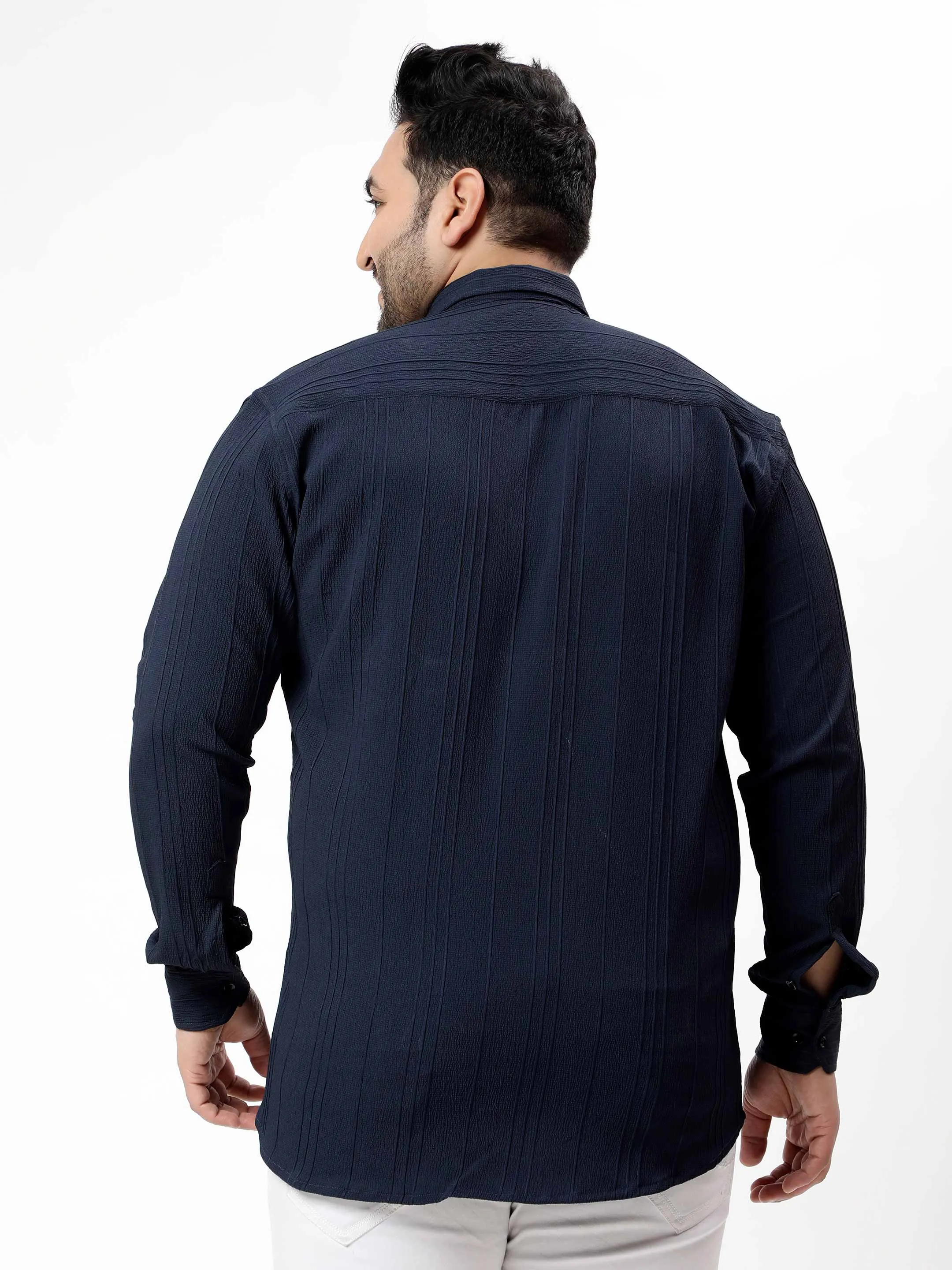 Navy Blue Pintex Solid Textured Plus Size Shirt