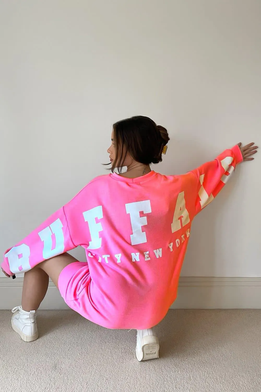 Neon Pink Buffalo Slogan Oversized Sweatshirt Jumper Dress
