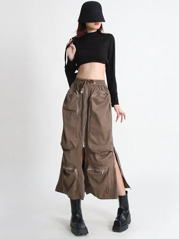 Original Creation High Waisted Loose Split-Joint With Big Pockets Zipper Skirts Bottoms