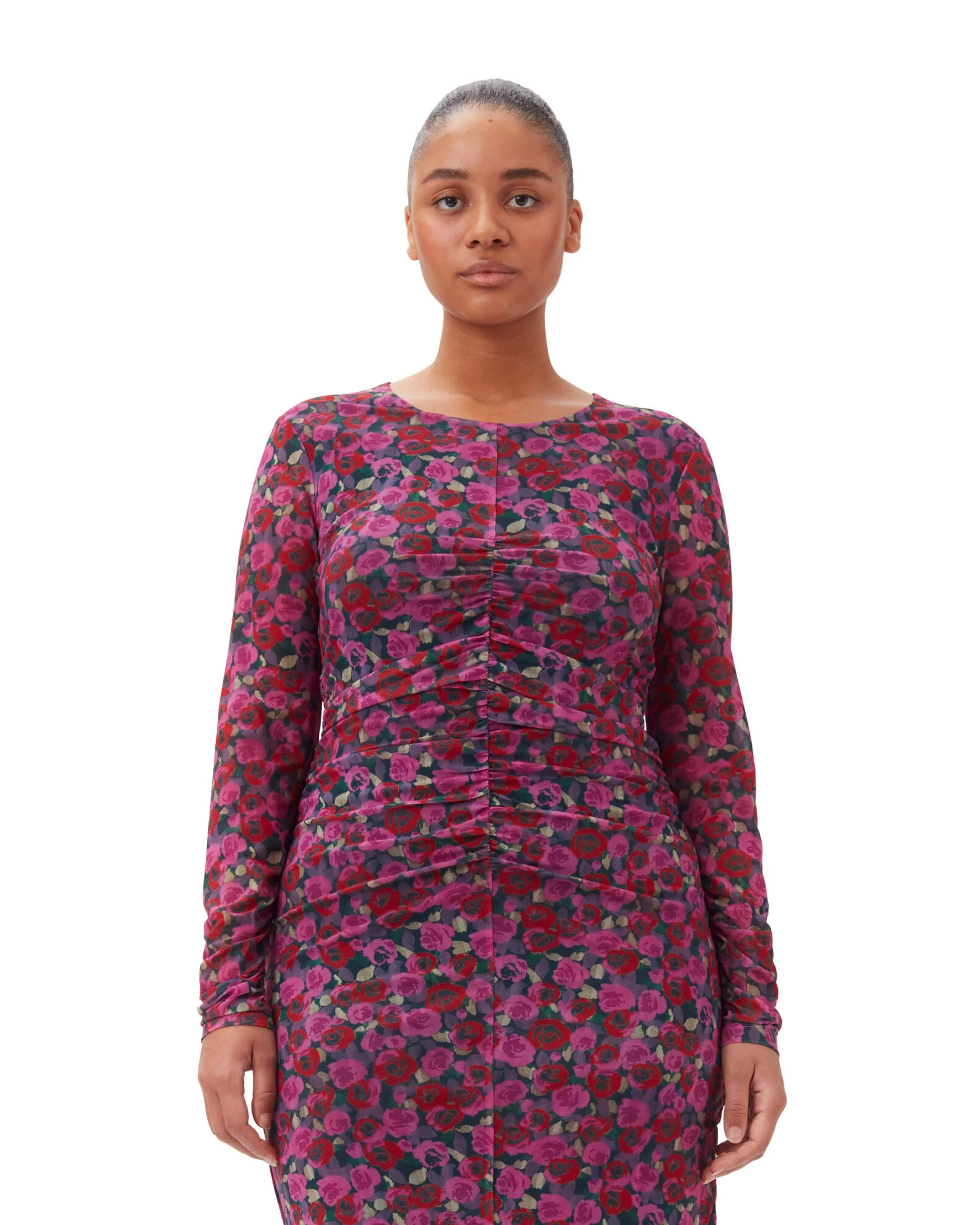 Printed Mesh LS Gathered Dress